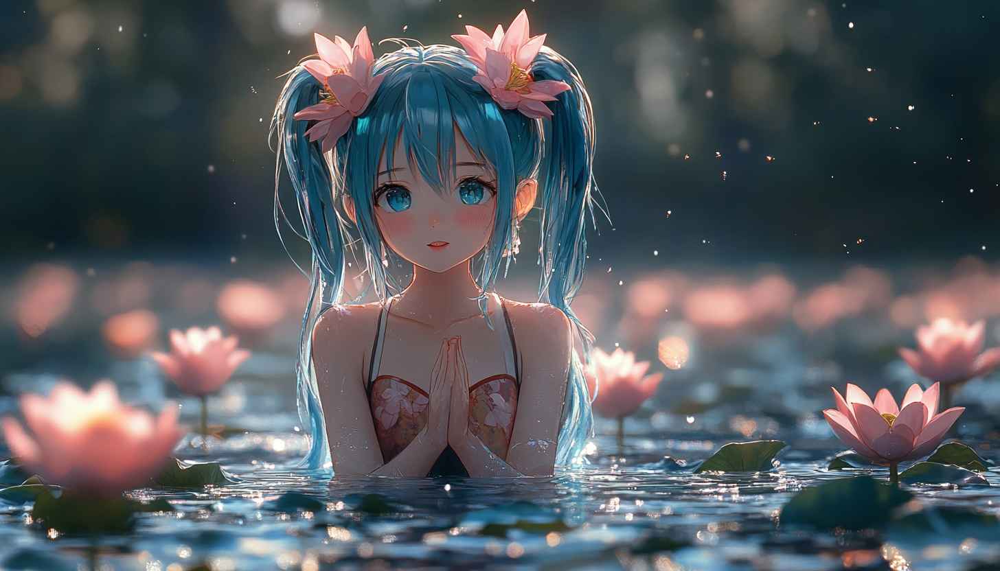 Anime Girl Lotus Lake Wallpaper for Desktop, Laptop in 4K