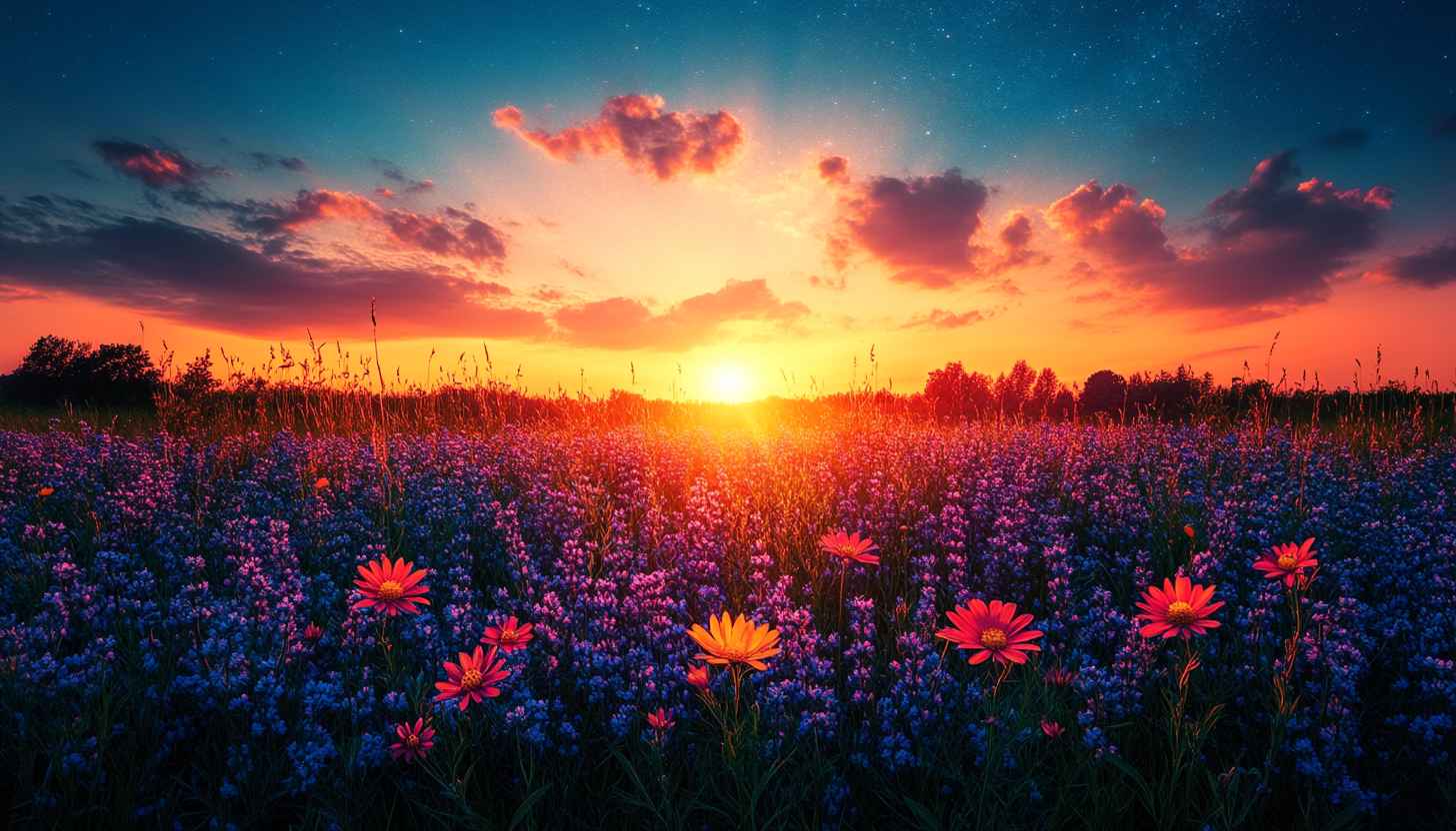 Sunset Meadow Wallpaper, Floral Field, Nature Landscape, 4K Screensaver