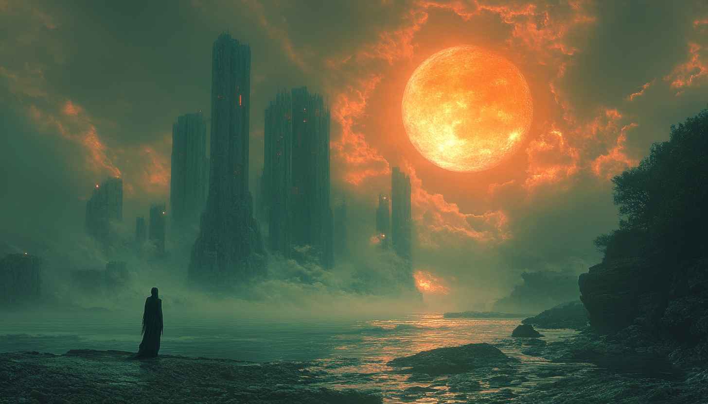 Dystopian Cityscape Wallpaper with Giant Sun and Lonely Figure