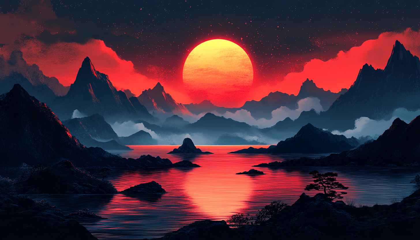 Japanese Landscape Wallpaper: Red Sunset, Mountains, Nature Scenery