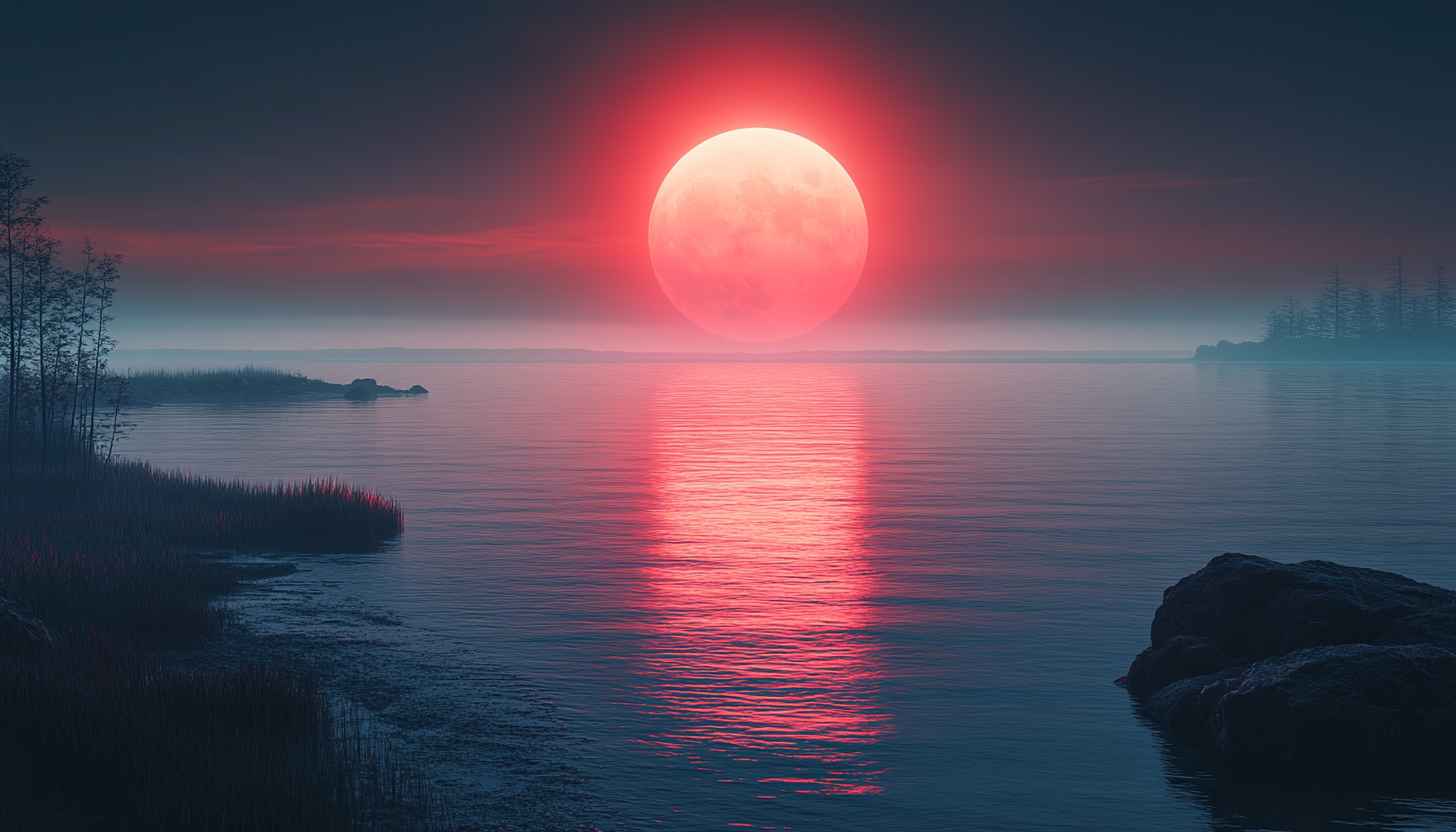 Red Moon Lake Wallpaper, Night Landscape, Ocean View, 4K