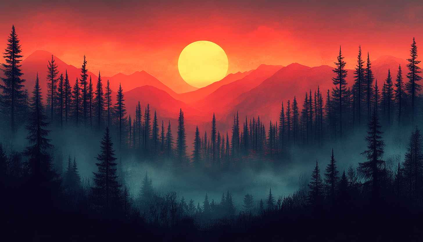 Sunset Mountain Forest Wallpaper, Landscape Wallpaper, Nature Inspired Wallpaper