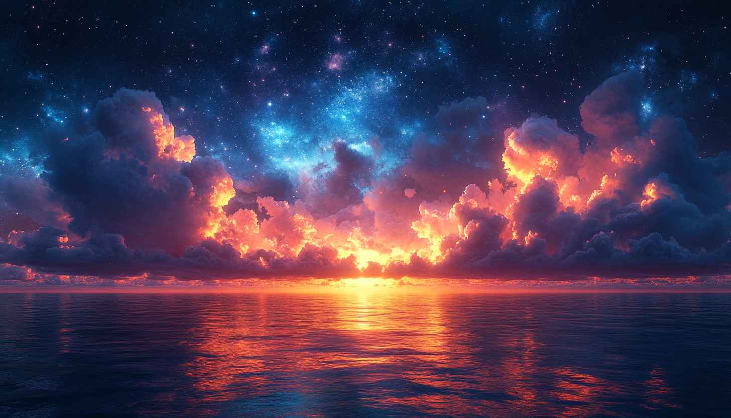 Ocean Sunset Wallpaper, Galaxy Sky, Aesthetic Landscape Scenery, 4K