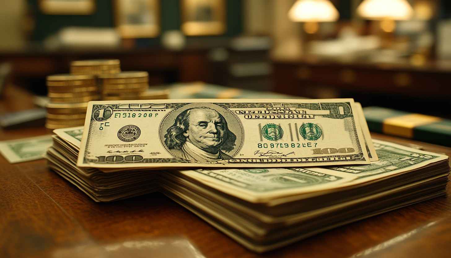 Money Wallpaper: Stacked US Dollar Bills, Coins, Wealth Concept
