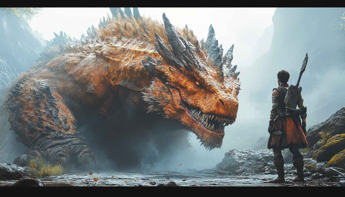 Fantasy Dragon Wallpaper: Warrior Facing Mythical Beast 4K Wallpaper