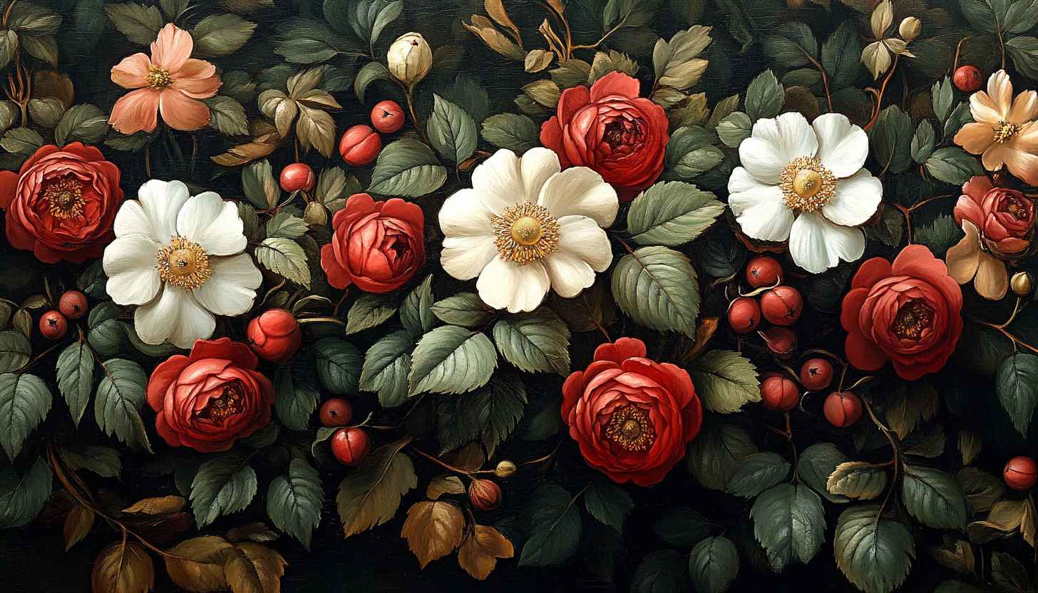 Floral Wallpaper: Vintage Roses and Berries Aesthetic Background