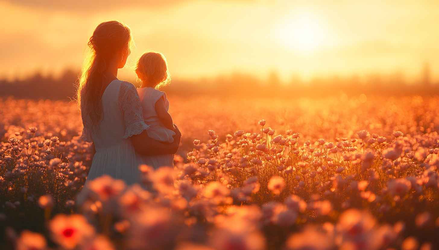 Mother's Day Wallpaper: Sunset Field, Woman and Child, Family