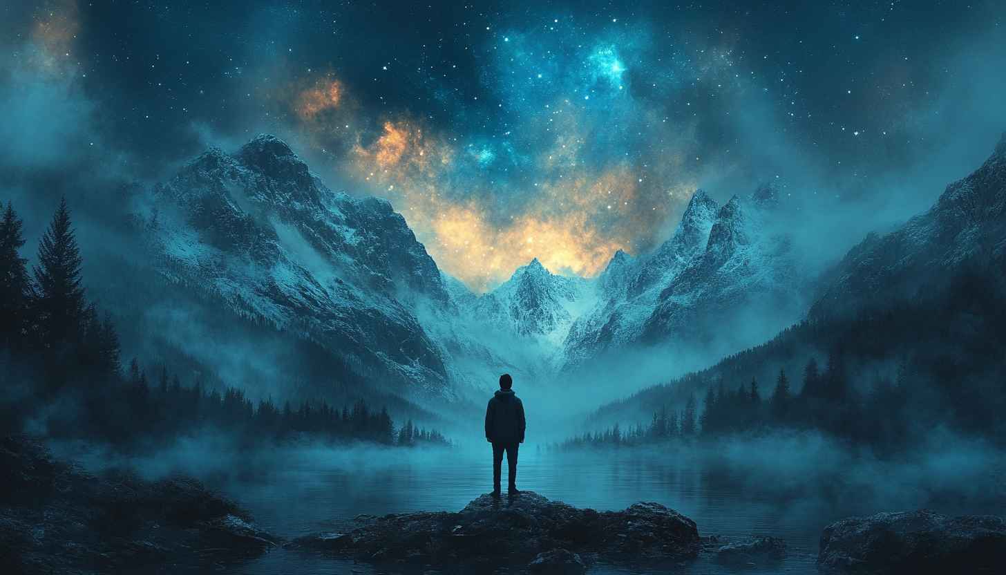 Man in Nature Wallpaper, Mountain Scenery Wallpaper, Galaxy Sky