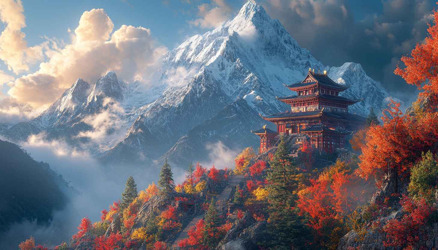 Mountain Temple Wallpaper: Autumn Scenery 4k for Desktop & Mobile