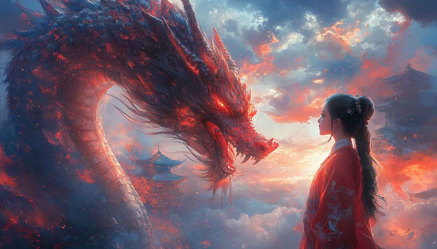 Dragon and Geisha Wallpaper, Fantasy 4K Wallpaper, Oriental Wallpaper