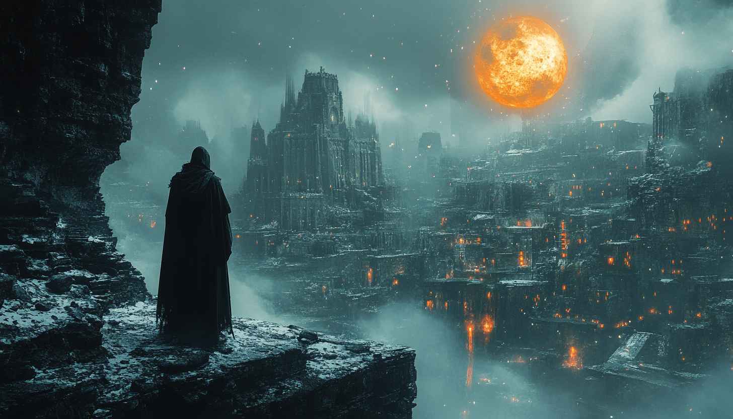 Fantasy Landscape Wallpaper: Dark City, Full Moon, Mysterious Figure