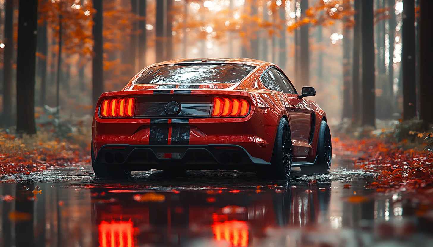 Red Mustang Car Wallpaper | Autumn Forest | Automotive Background