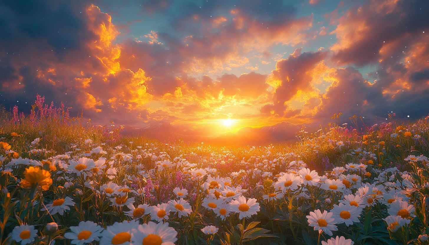 Daisy Field Sunset Sky Wallpaper 4k, Nature Desktop Background