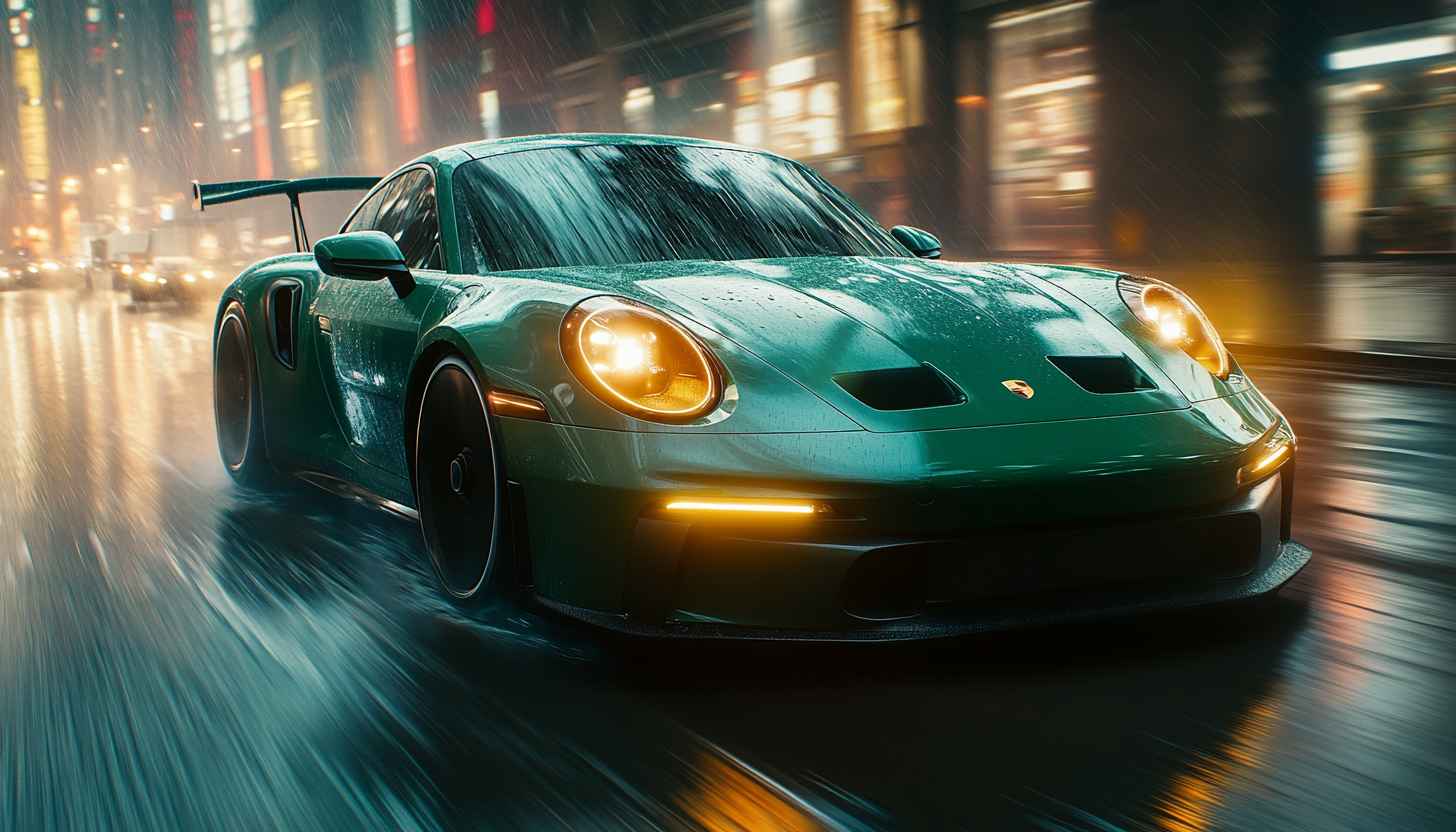 Green Porsche Car Wallpaper, Sports Car Wallpaper, Rainy Night Wallpaper