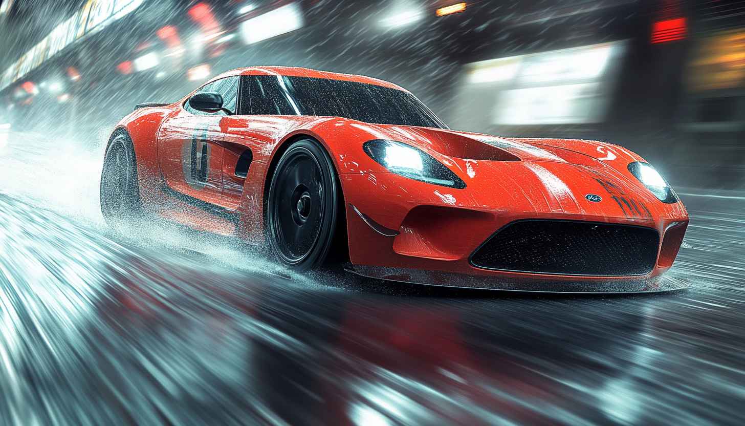 Red Car Wallpaper: Racing, Sports Car, Vehicle, Automobile, Raining