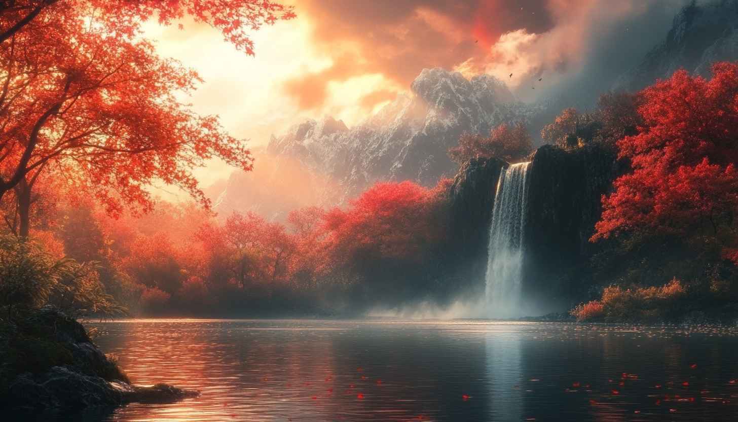 Autumn Waterfall Wallpaper: Red Trees, Mountains Scenery for Desktop Background