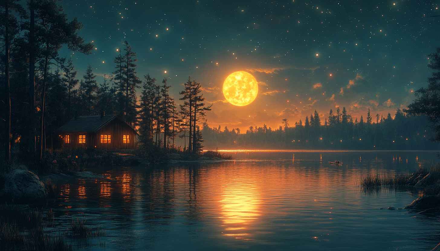 Full Moon Night Sky Lake House Scenery Wallpaper