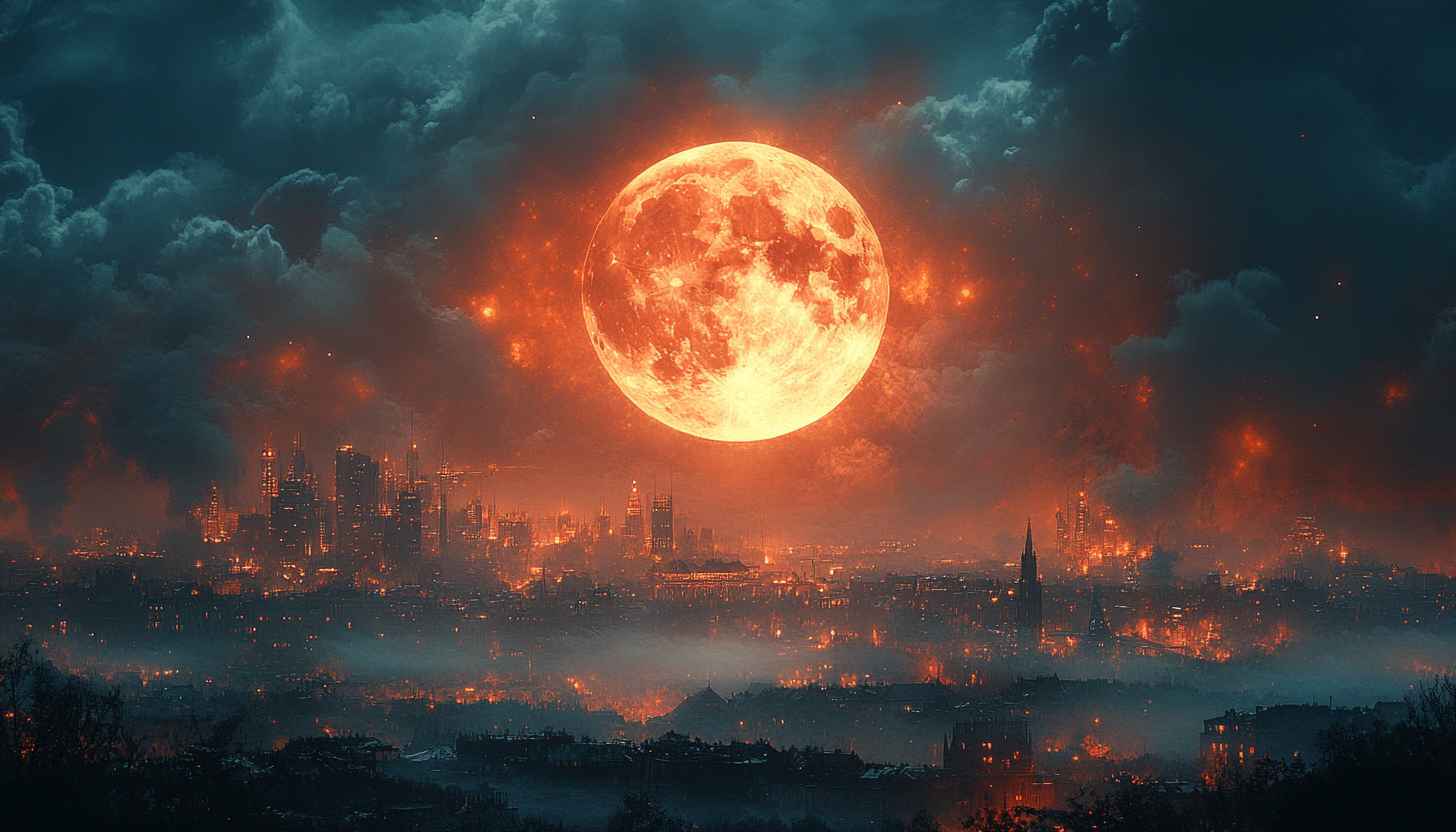 Cityscape Wallpaper: Blood Moon, Urban Night, Dark Fantasy, 4K