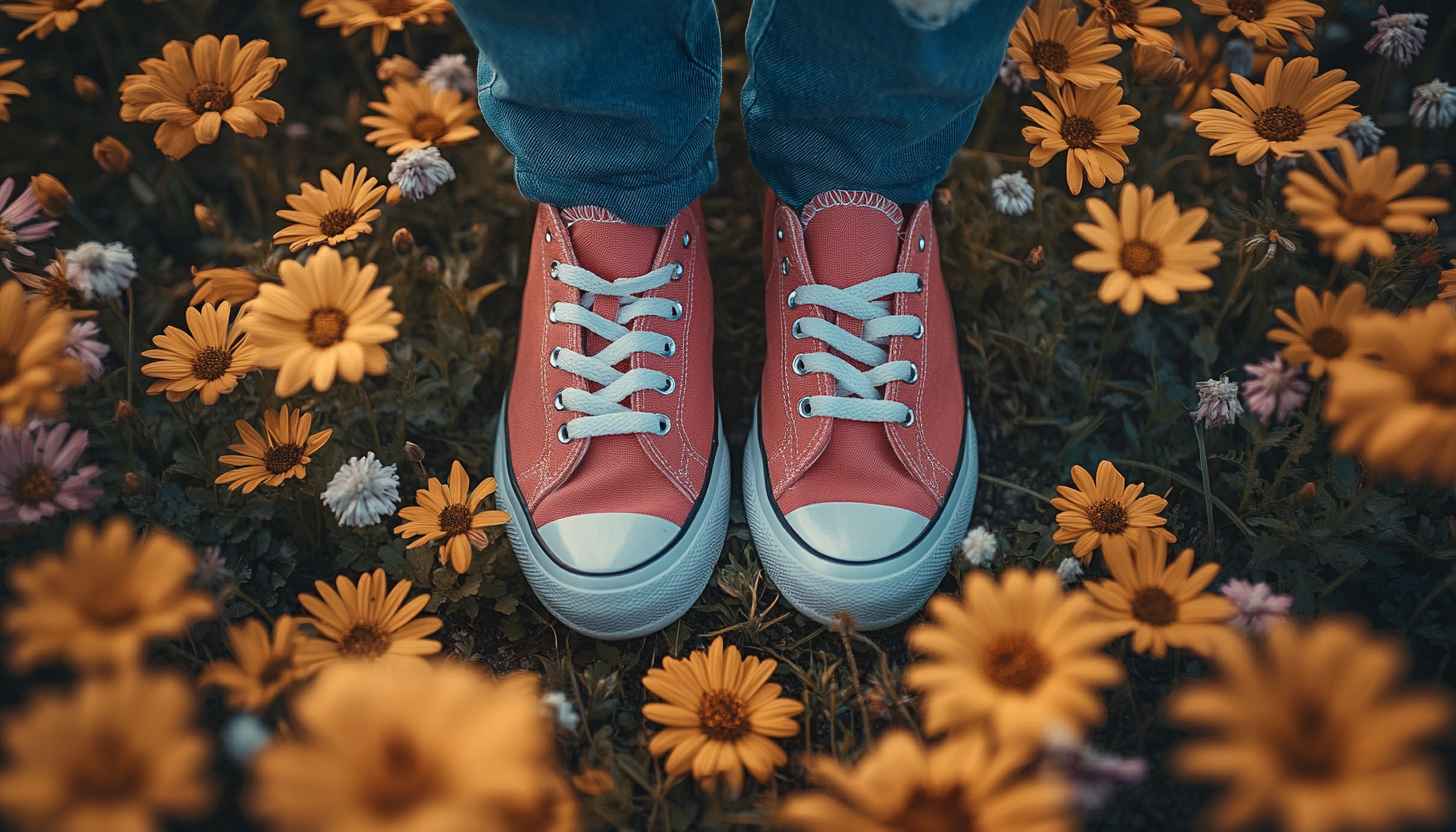 Sneakers Flowers Wallpaper: Stylish Footwear amid Blooming Daisies for Desktop