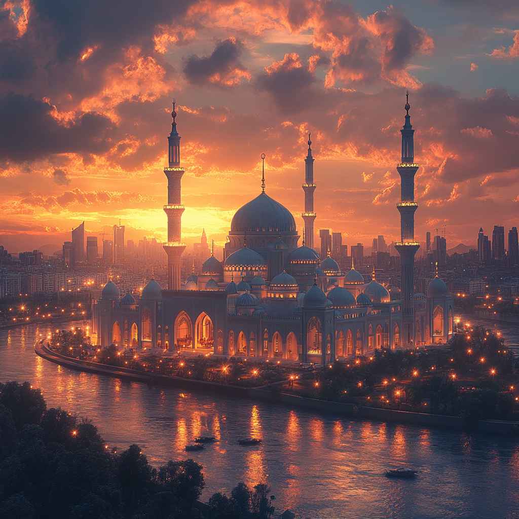 Mosque Wallpaper: Islamic Architecture at Sunset; Scenic View