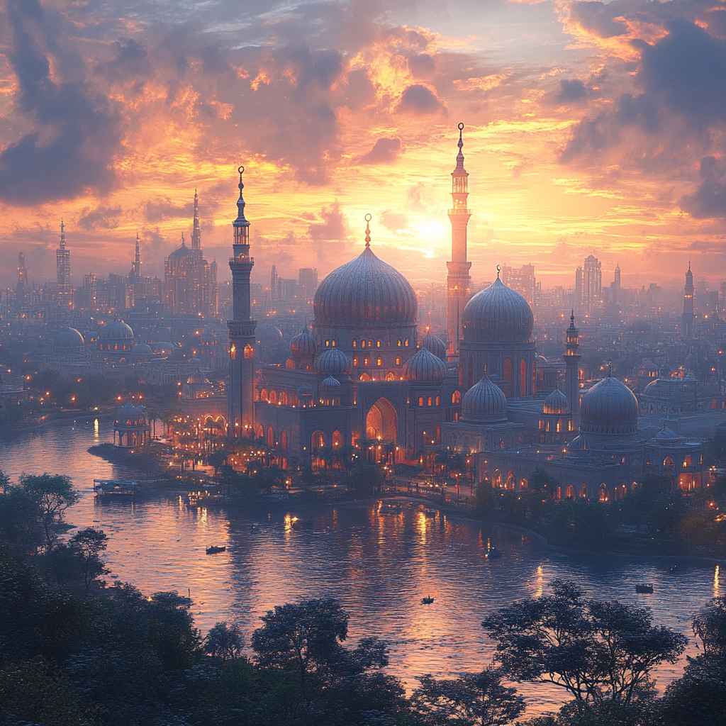 Mosque Wallpaper: Islamic Architecture, Sunset View, Cityscape, Ramadan Theme
