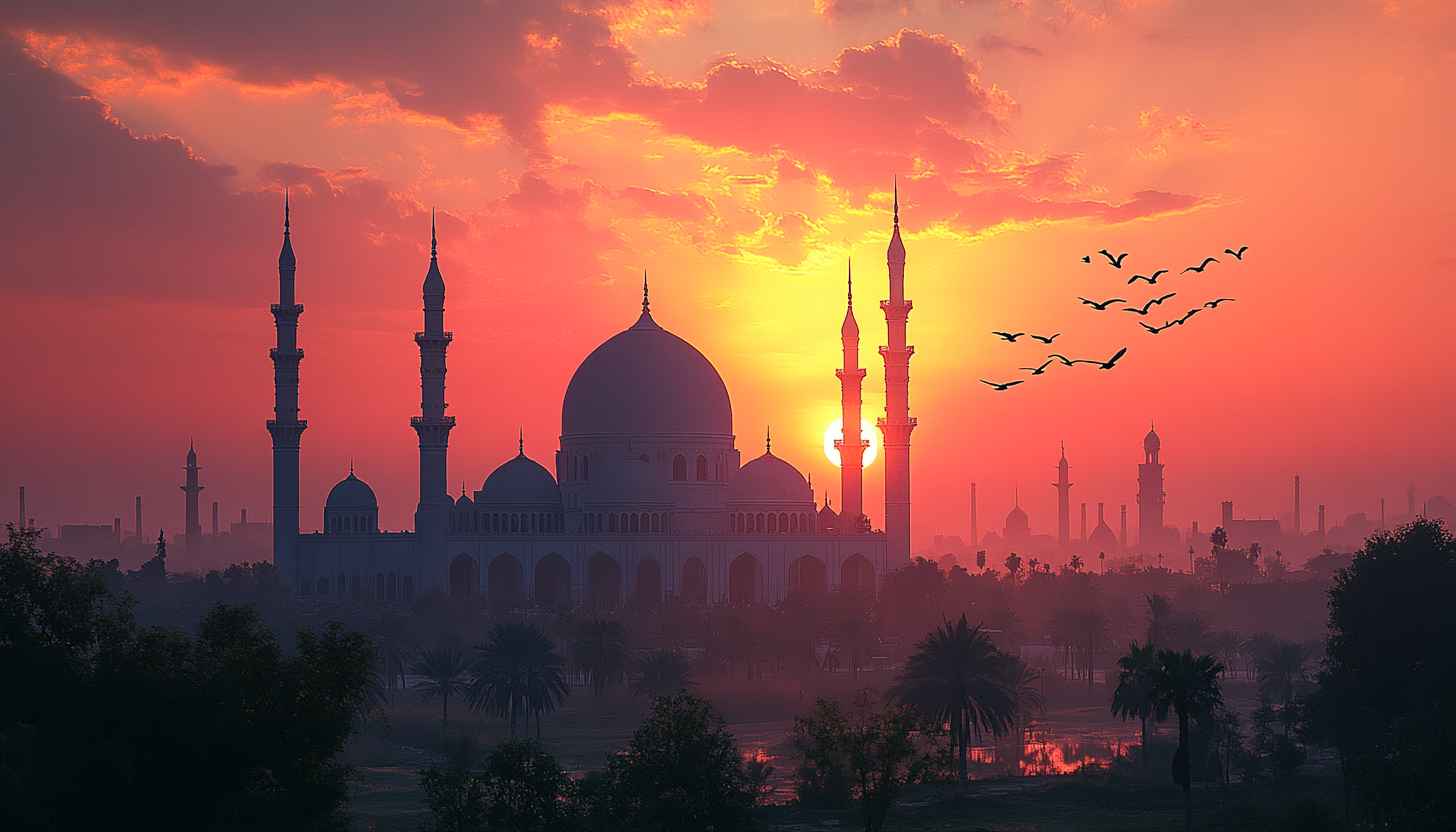 Mosque Sunset Wallpaper, Islamic Architecture, Religious, Silhouette, Bird Flock
