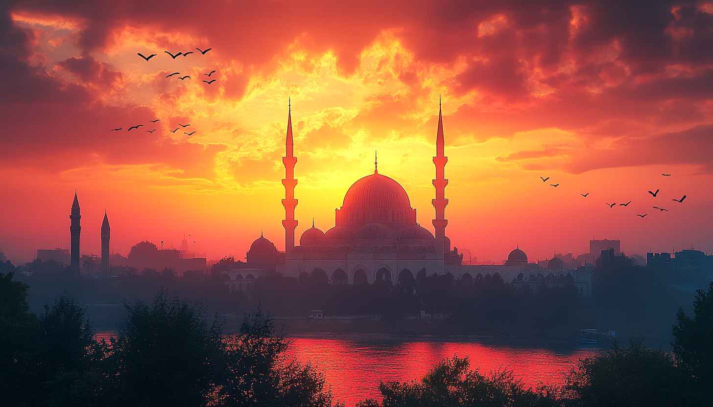 Mosque Sunset Wallpaper, Islamic Architecture, Nature, Cityscape, Birds