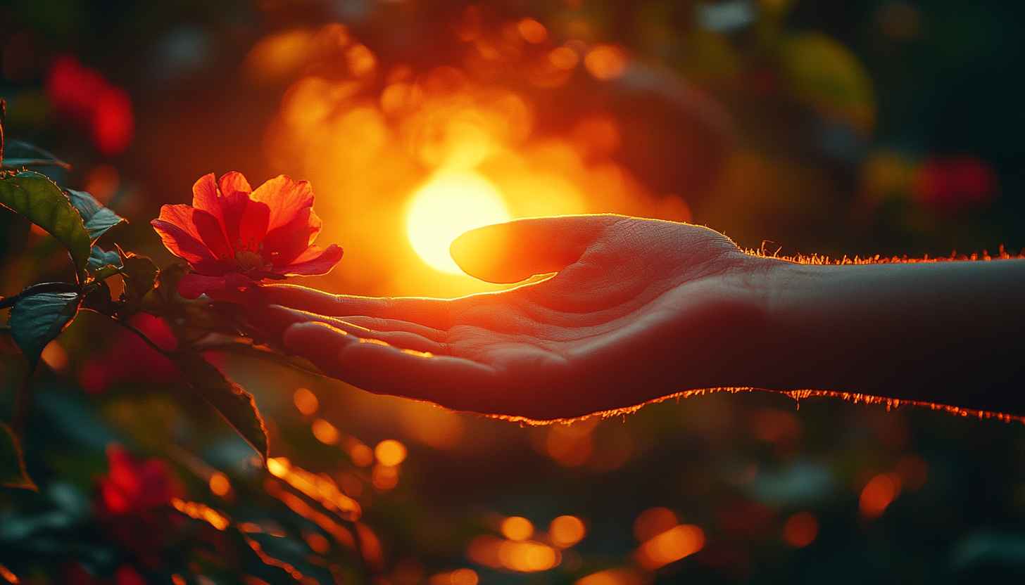 Sunset Flower Wallpaper, Hand Holding Sun, Aesthetic Nature Scenery
