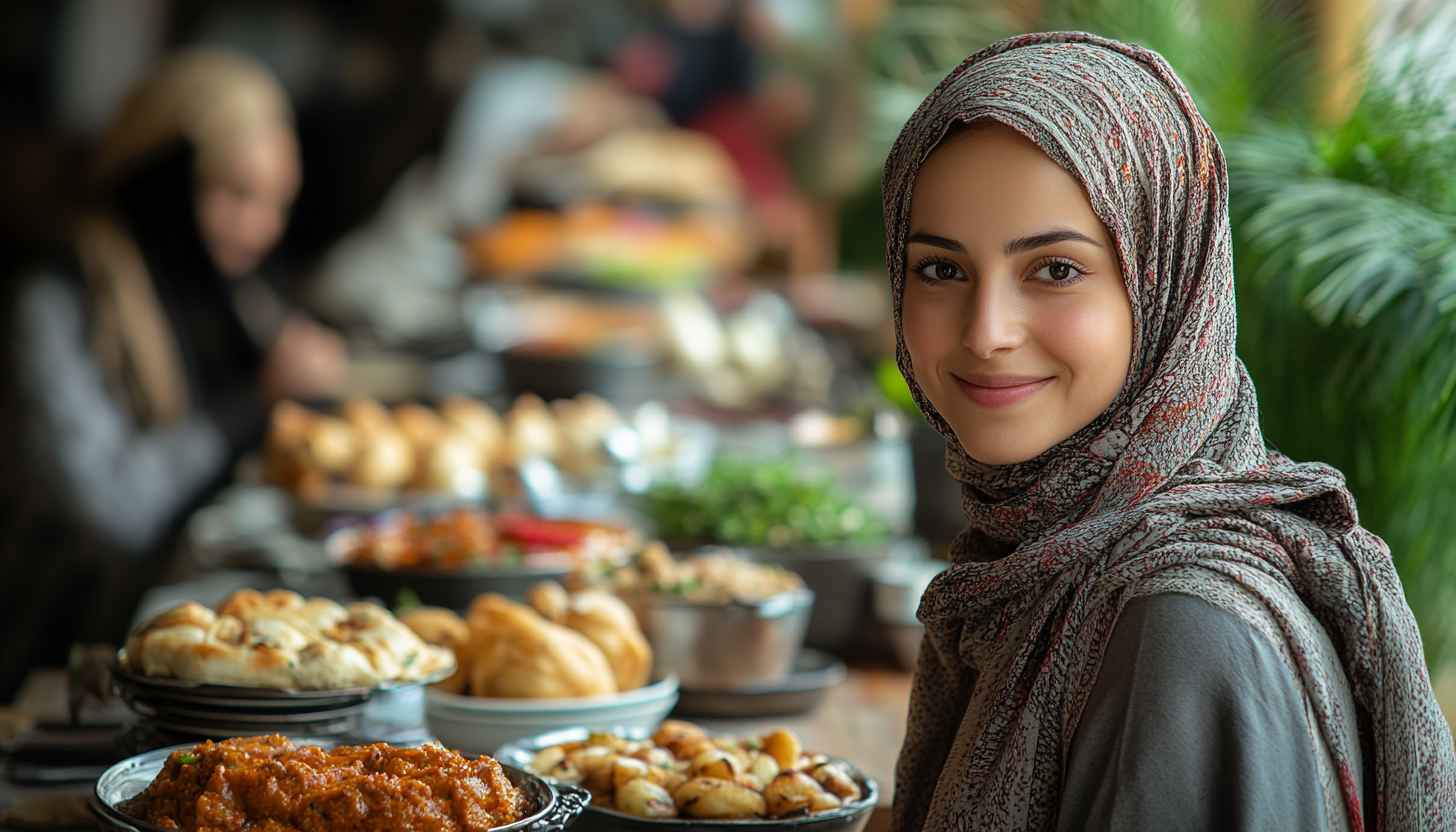 Ramadan Wallpaper: Muslim Woman with Iftar Feast, Festive Theme