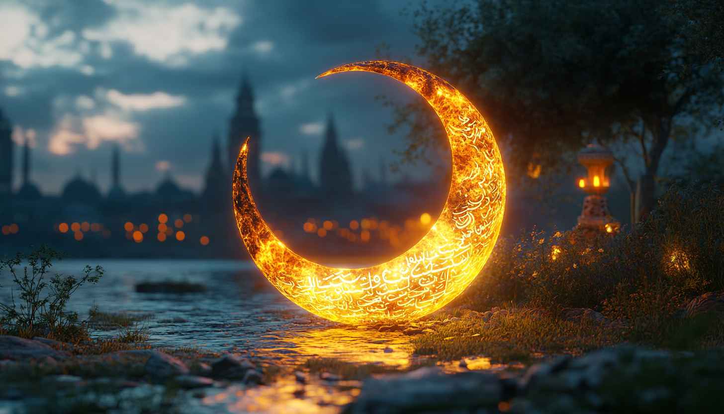 Ramadan Wallpaper: Crescent Moon, Islamic Art, Night, Glowing, Festive