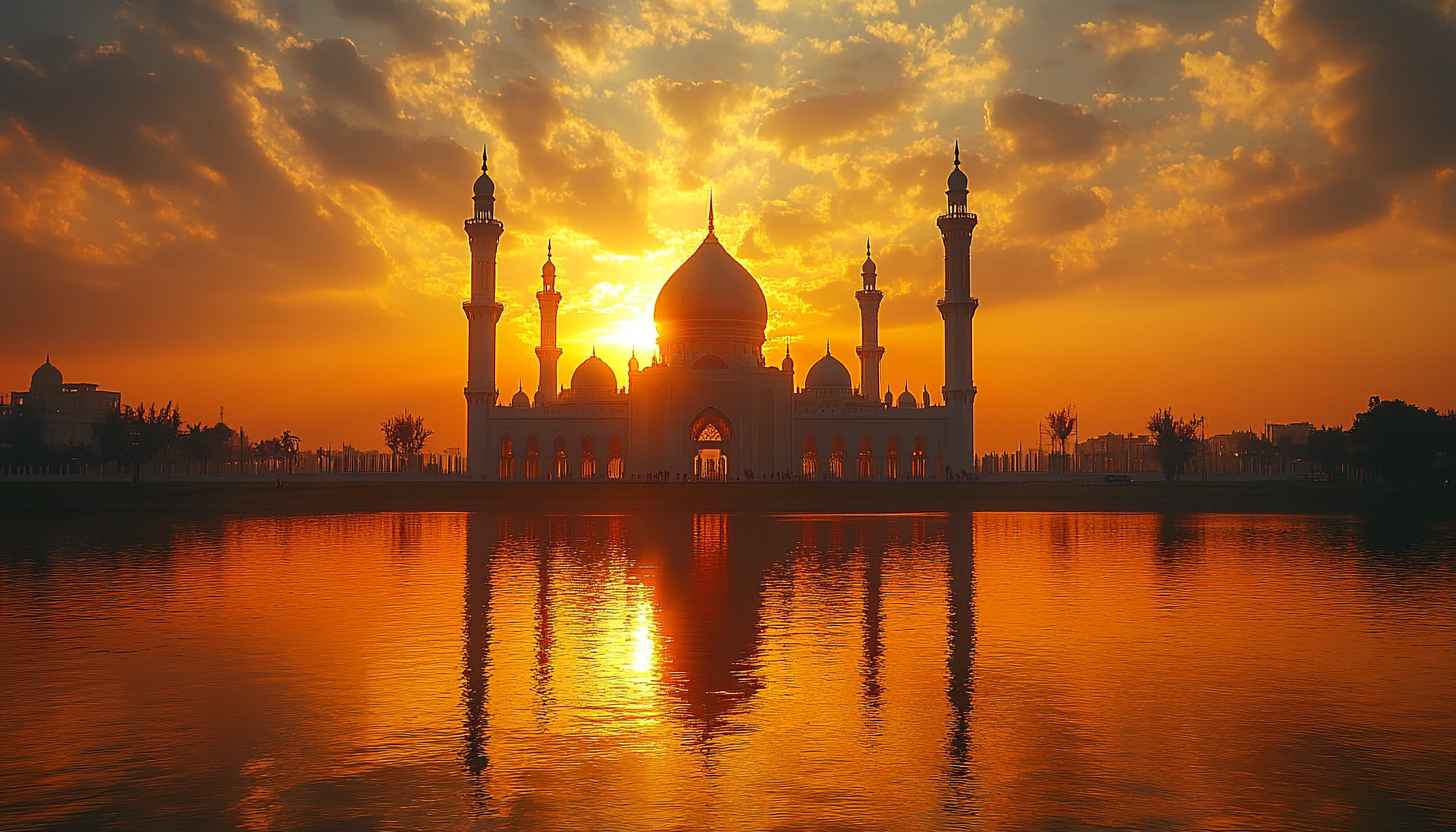 Mosque Wallpaper: Sunset Silhouette Reflections, Islamic Architecture, UHD Display