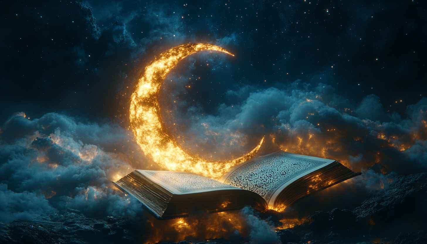 Islamic Ramadan Kareem Wallpaper, Crescent Moon & Quran Background