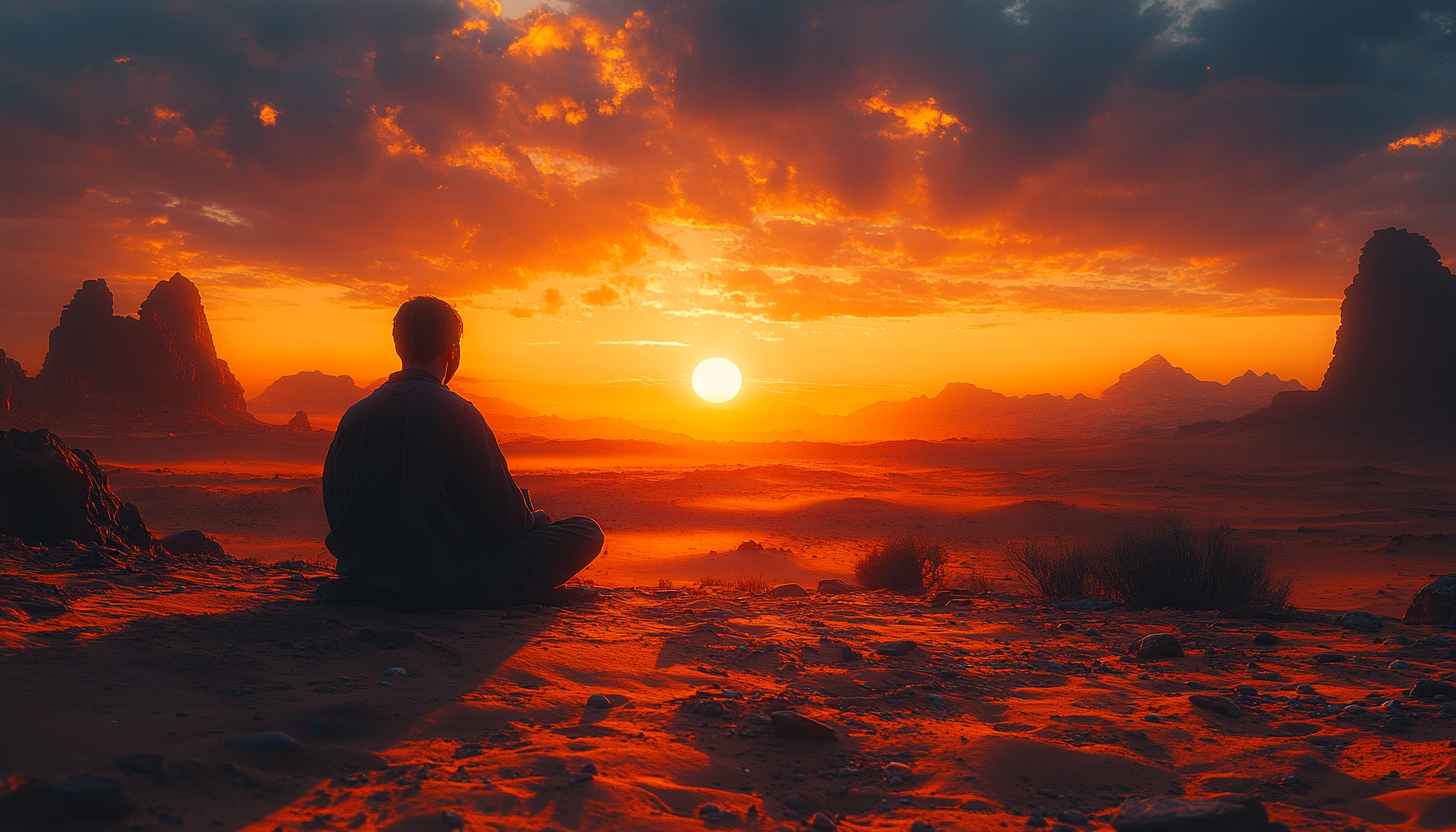 Sunset Meditation Wallpaper, Desert Landscape Background, Scenic Nature Art