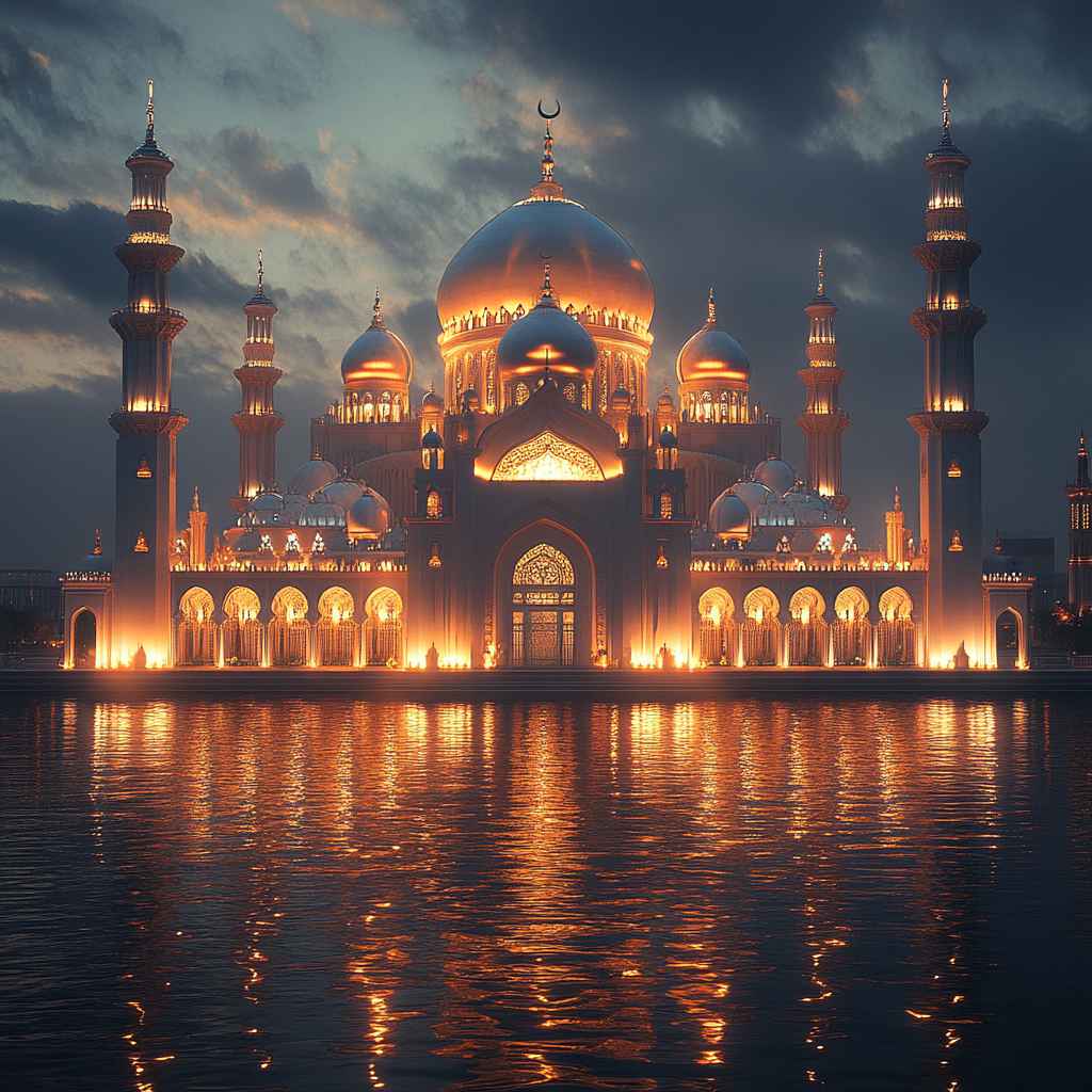 Mosque Wallpaper: Golden Dome, Islamic Architecture, River Reflection