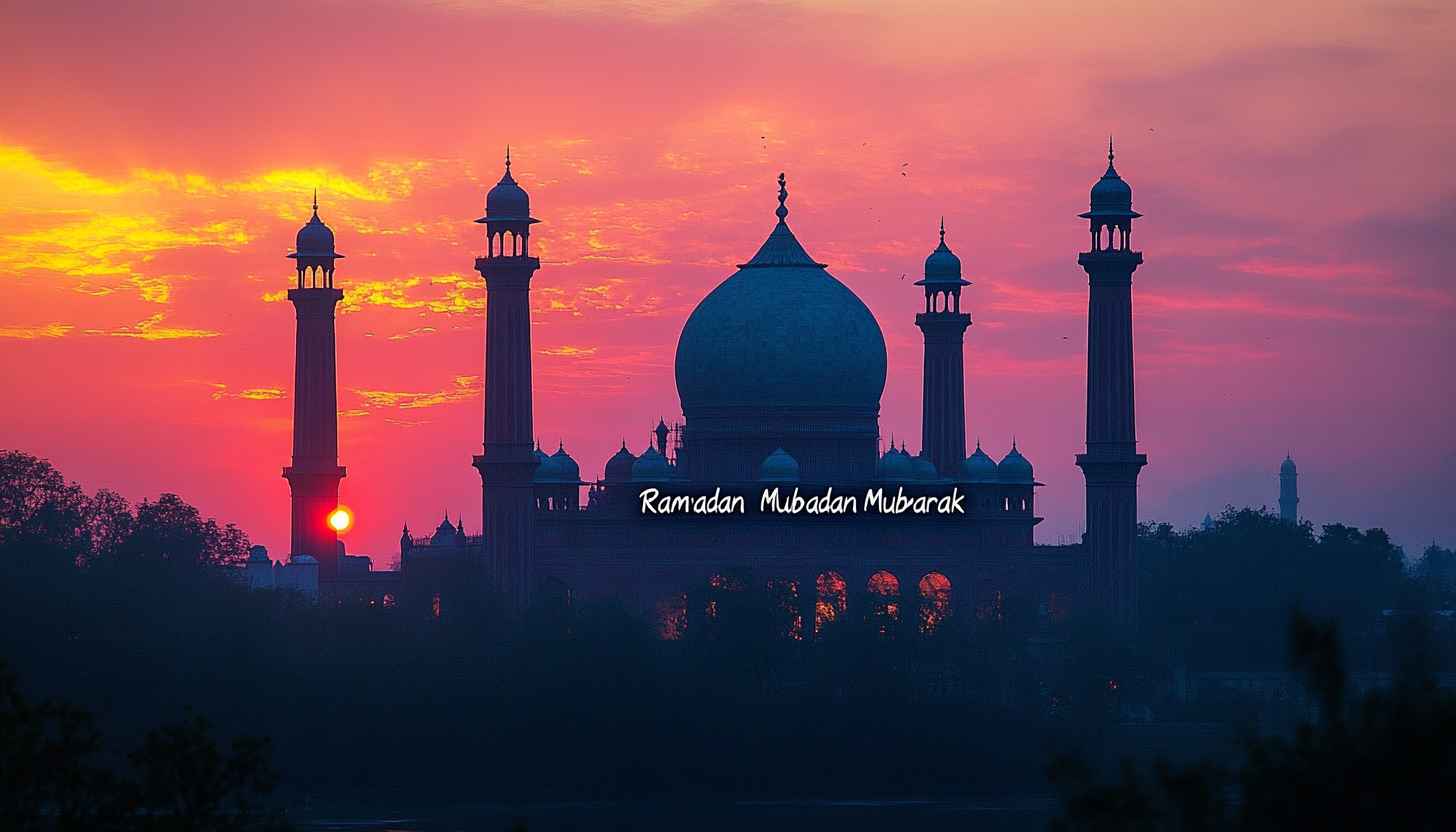 Ramadan Mubarak Wallpaper: Mosque Silhouette with Sunset Sky Background