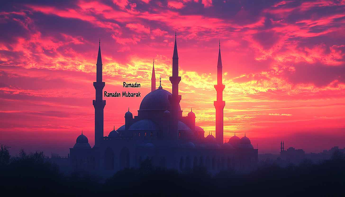 Ramadan Mubarak Wallpaper: Mosque at Sunset, 4k Wallpaper