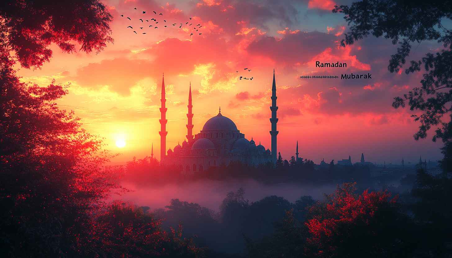 Ramadan Mubarak Wallpaper: Mosque, Sunset, Islamic Festival, Religious Theme