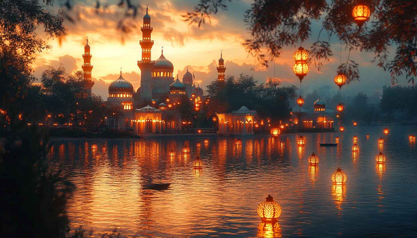Eid Mubarak Wallpaper: Mosque, Lanterns and Sunset Scenery 4K