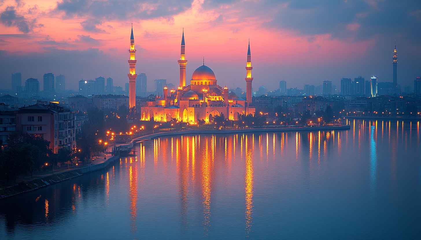 Mosque Wallpaper, Islamic Architecture, Cityscape, Evening Glow Scenery