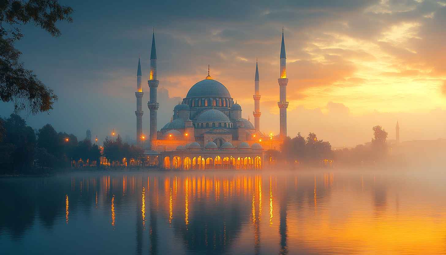 Mosque Wallpaper: Islamic Architecture, Water Reflection, Sunset Glow, Serene View