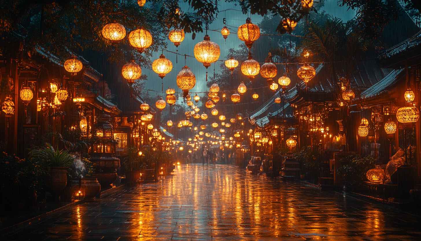 Lantern Festival Wallpaper, Night Street Scenery, Asian Town, 4K