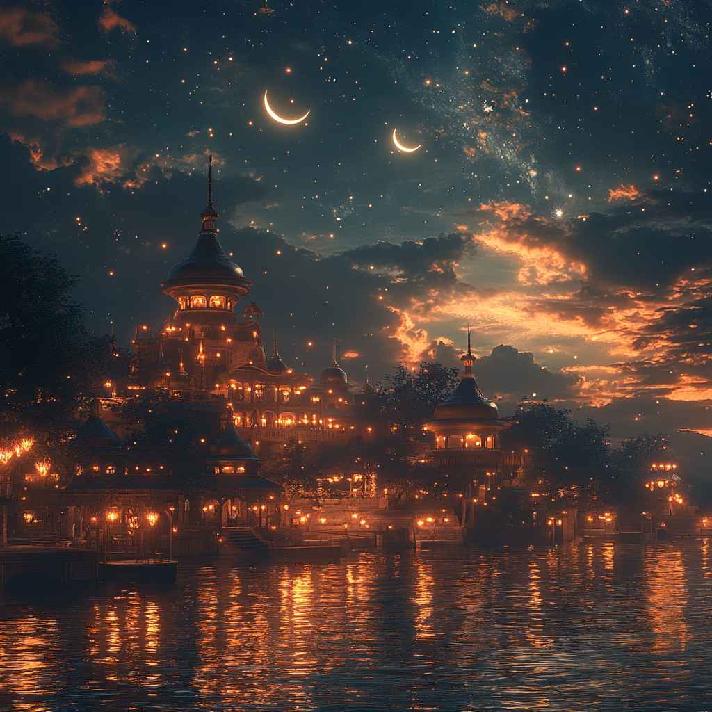 Ramadan Wallpaper: Crescent Moon, Night Sky, Islamic Architecture View