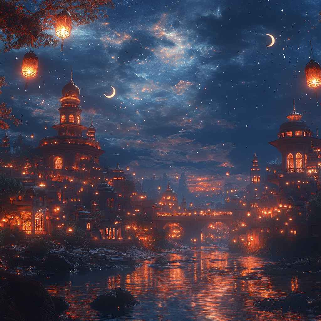 Ramadan Kareem Wallpaper: Islamic Architecture, Night Sky, Festival Ambiance