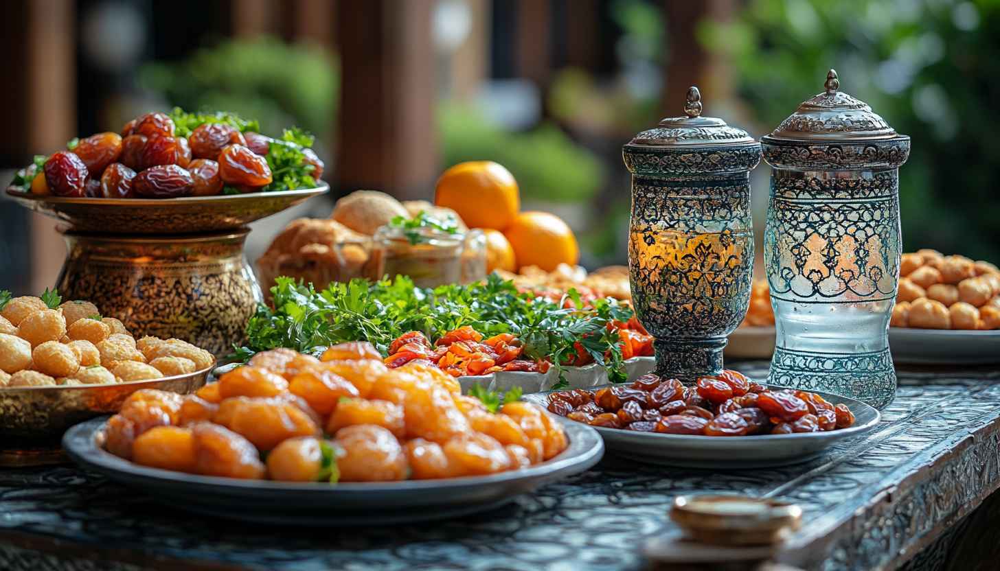 Ramadan Kareem Wallpaper: Festive Food, Lanterns, Holiday Feast