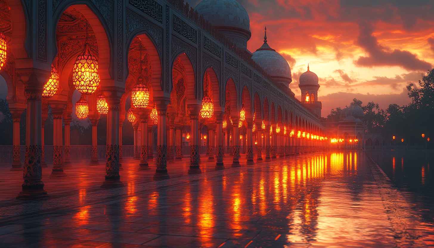 Ramadan Wallpaper: Islamic Mosque with Arabic Lanterns at Sunset