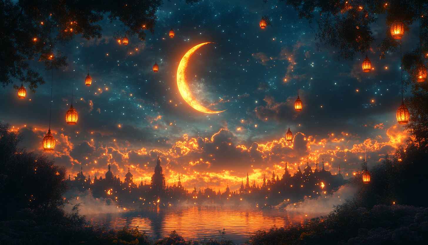 Ramadan Wallpaper: Crescent Moon, Lanterns, and Night Sky