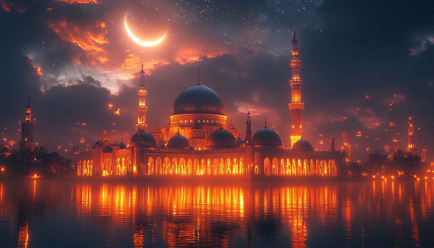 Ramadan Wallpaper: Mosque with Crescent Moon, Nighttime Glow