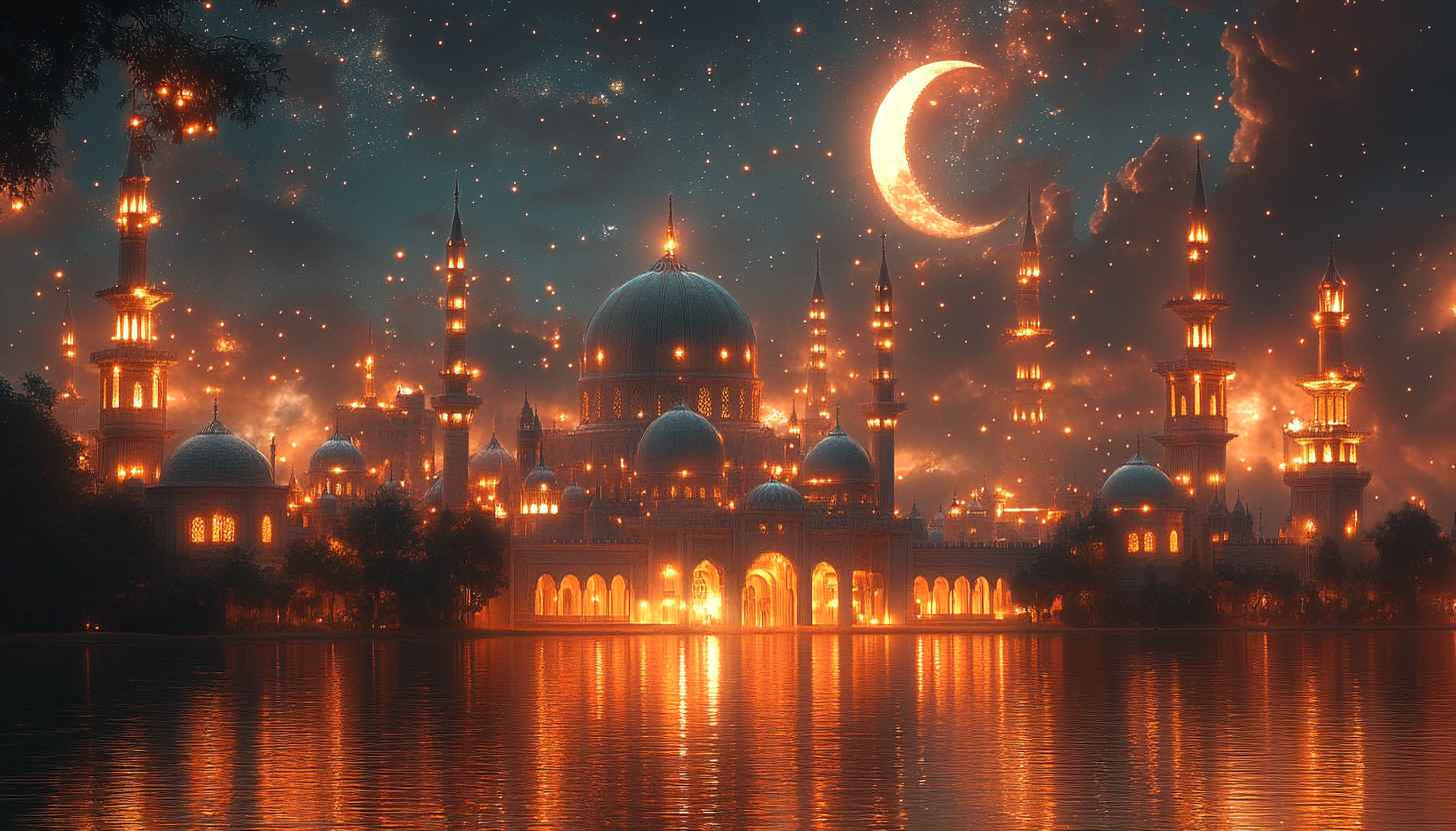 Ramadan Kareem Wallpaper: Islamic Mosque Night, Moon, Stars, Reflections