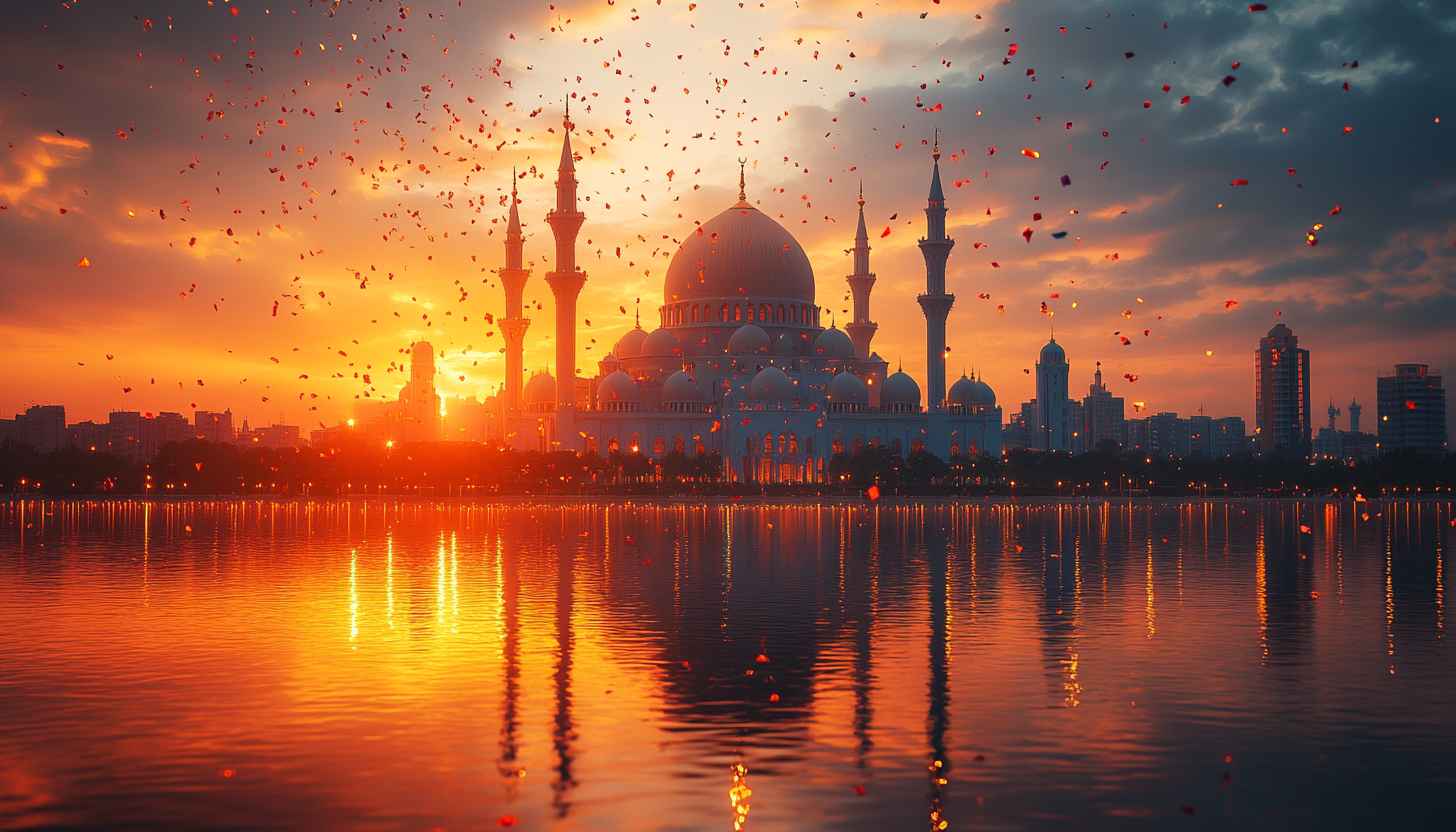 Ramadan Kareem Wallpaper: Mosque Sunset Reflection Islamic Festival Background