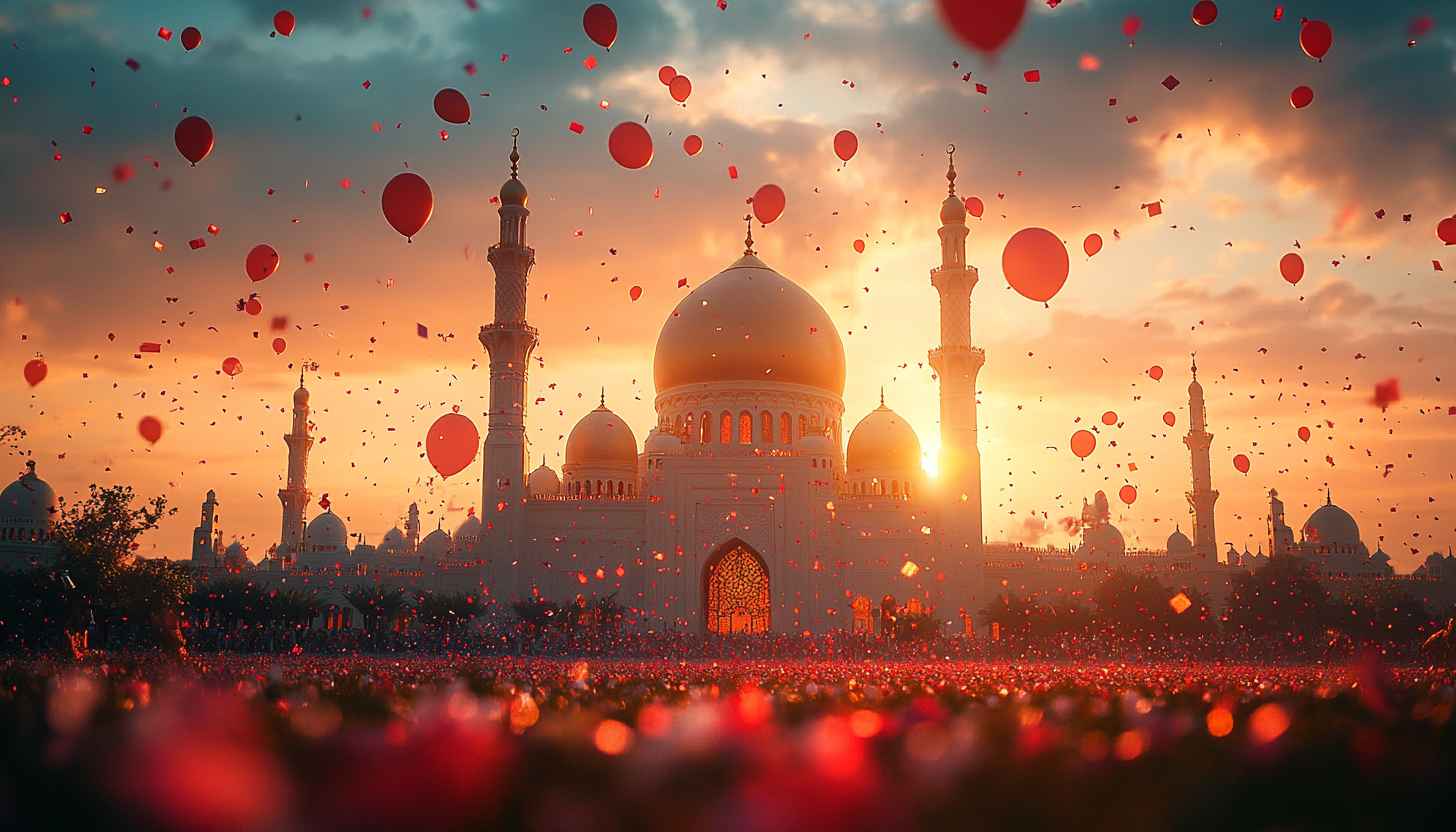 Eid Mubarak Wallpaper: Mosque, Balloons, Islamic Celebration, Festive Background